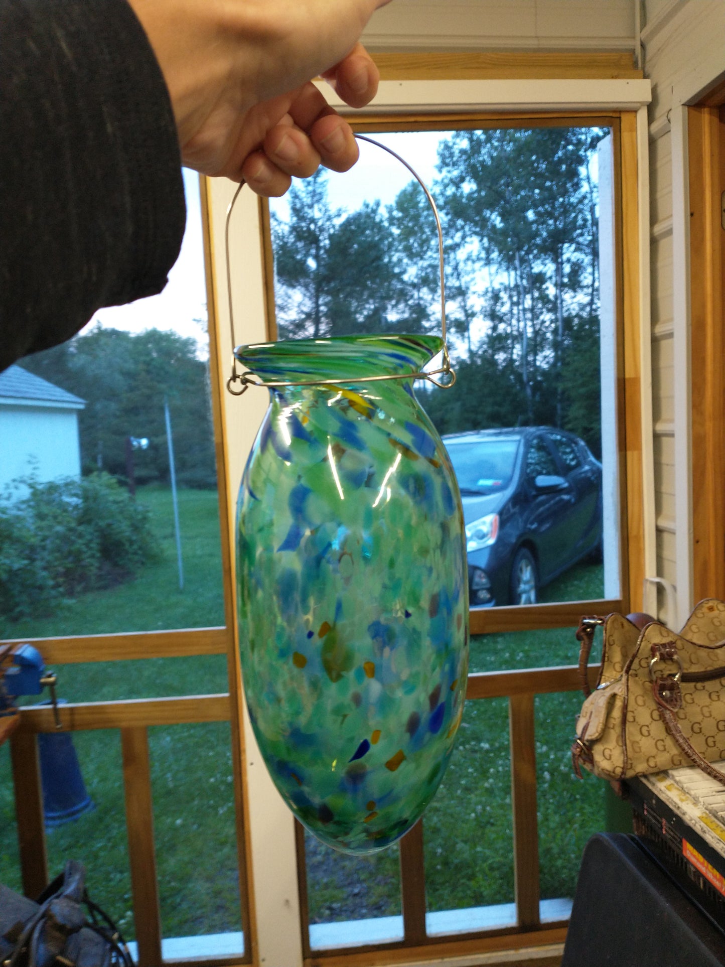 Hanging Glass vase Small Glass Vase hand blown glass in green color mix