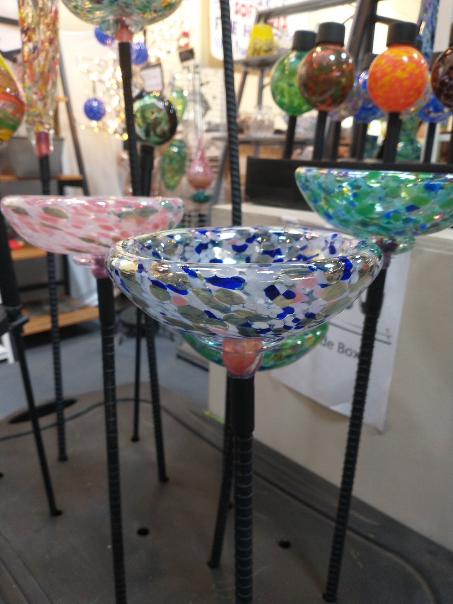 Bird Bath minis Glass garden bird bath minis garden ornaments yard art hand blown glass oriole feeder seed holder bee water