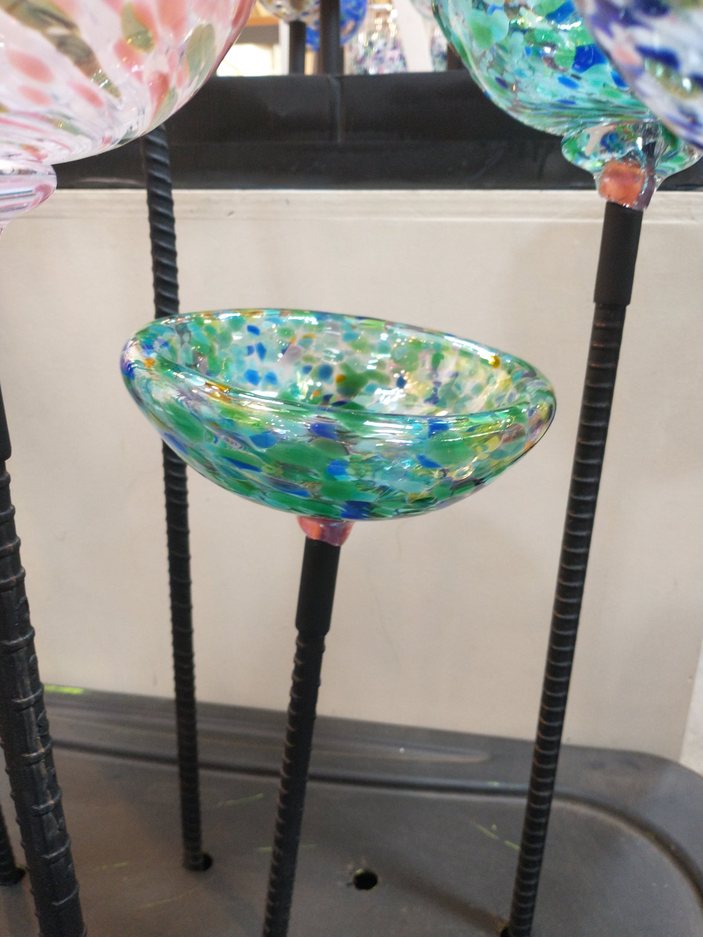 Bird Bath minis Glass garden bird bath minis garden ornaments yard art hand blown glass oriole feeder seed holder bee water