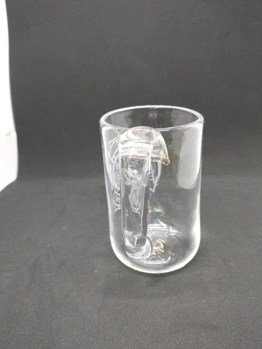 Hand Blown Glass Mug Fire Department Drinking Glass personalized Engraved Etched