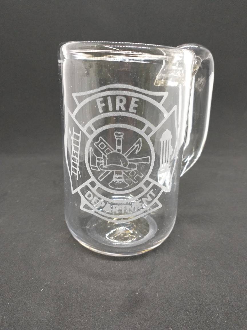 Hand Blown Glass Mug Fire Department Drinking Glass personalized Engraved Etched