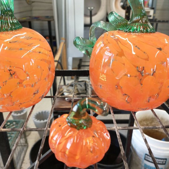 Glass pumpkins TWO MINI orange Glass Pumpkins Hand Blown Glass glass pumpkin Fall Thanksgiving Decorative squash autumn