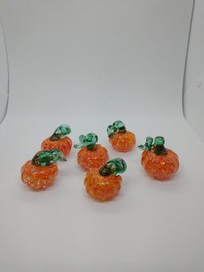 Glass pumpkins TWO MINI orange Glass Pumpkins Hand Blown Glass glass pumpkin Fall Thanksgiving Decorative squash autumn