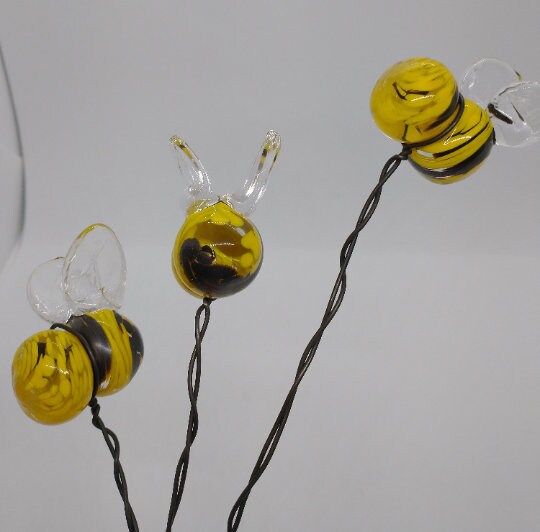 Glass Bees TWO Mini Planter Bees bumble bees small glass bees honey bees hand blown glass figurines glass planter decoration garden plants