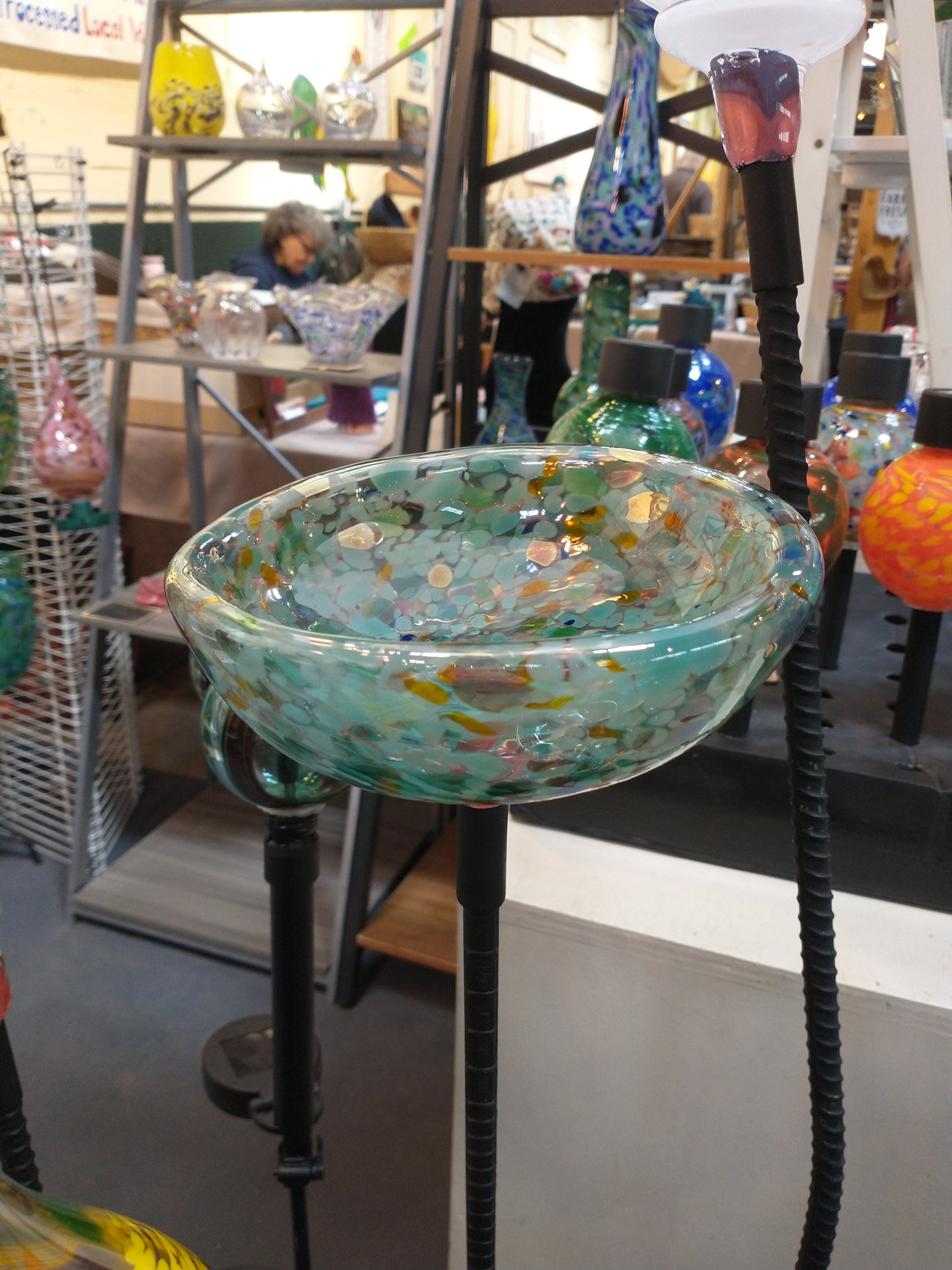 Bird Bath minis Glass garden bird bath minis garden ornaments yard art hand blown glass oriole feeder seed holder bee water