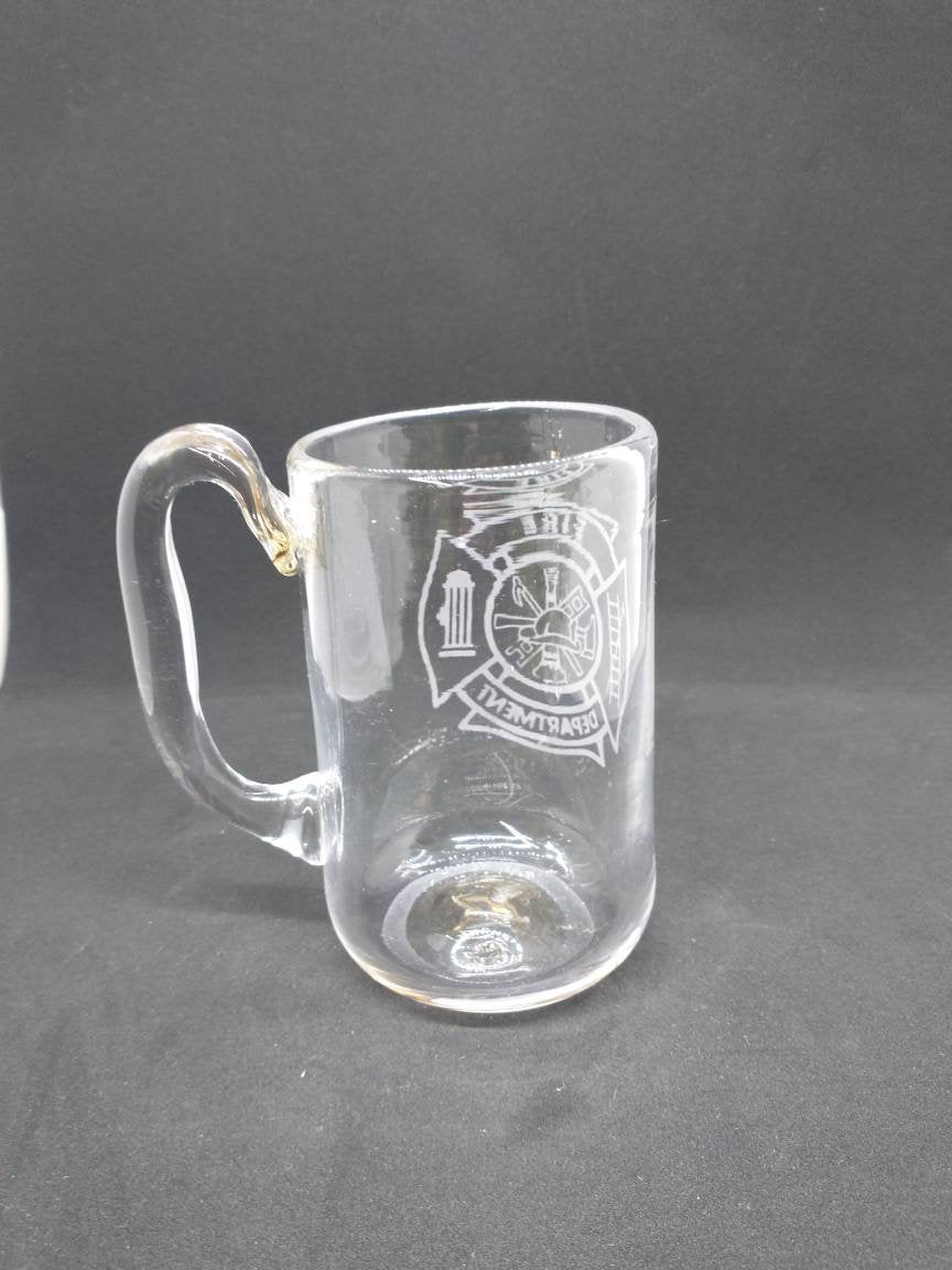Hand Blown Glass Mug Fire Department Drinking Glass personalized Engraved Etched