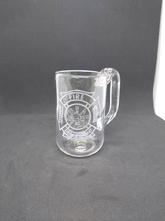 Hand Blown Glass Mug Fire Department Drinking Glass personalized Engraved Etched