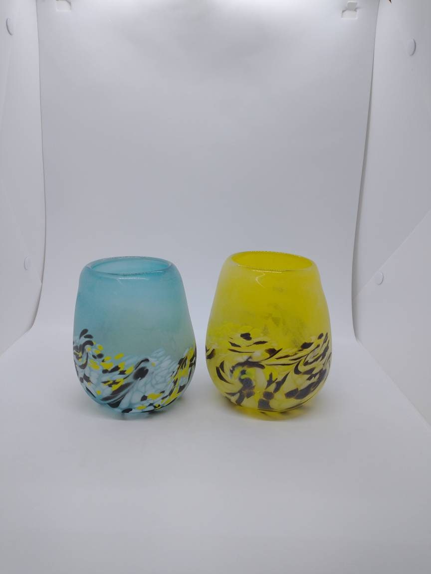 Two frosted Glass Vases home decor small glass vases hand blown blue and yellow glass jars