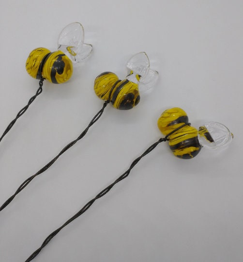 Glass Bees TWO Mini Planter Bees bumble bees small glass bees honey bees hand blown glass figurines glass planter decoration garden plants
